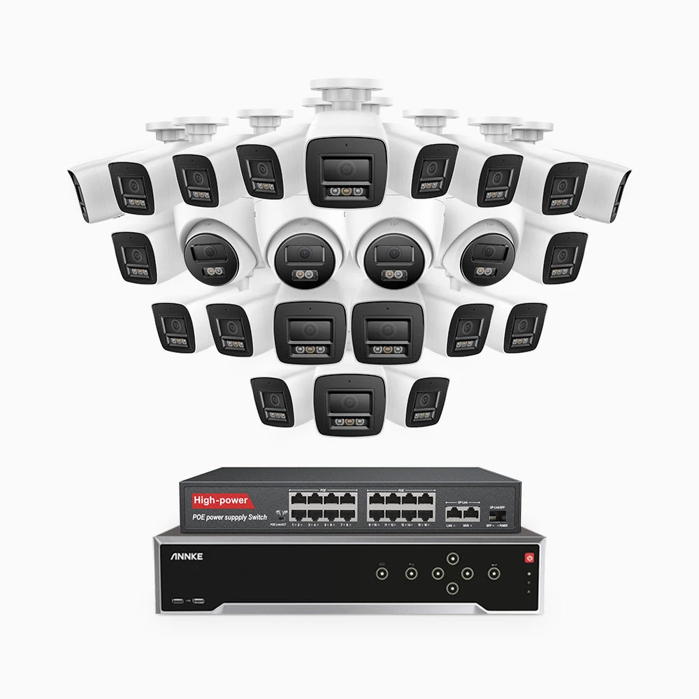 H800 - 4K 32 Channel PoE Security CCTV System with 20 Bullet & 4 Turret Cameras, Human & Vehicle Detection, Colour & IR Night Vision, Built-in Mic, RTSP Supported, 16-Port PoE Switch Included