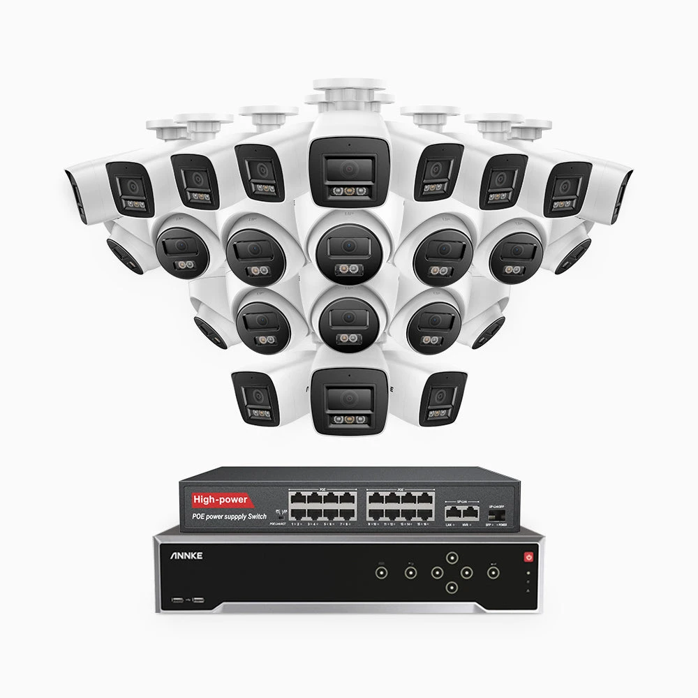 H800 - 4K 32 Channel PoE Security CCTV System with 12 Bullet & 12 Turret Cameras, Human & Vehicle Detection, Colour & IR Night Vision, Built-in Mic, RTSP Supported, 16-Port PoE Switch Included