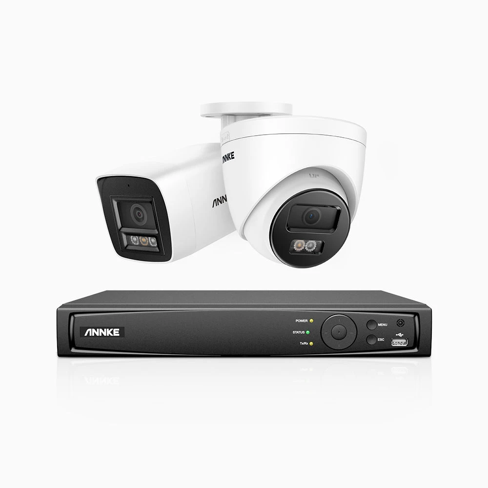 H1200 - 4K 12MP 8 Channel PoE Security System with 1 Bullet & 1 Turret Cameras, Colour & IR Night Vision, Human & Vehicle Detection, H.265+, Built-in Microphone, Max. 512 GB Local Storage, IP67