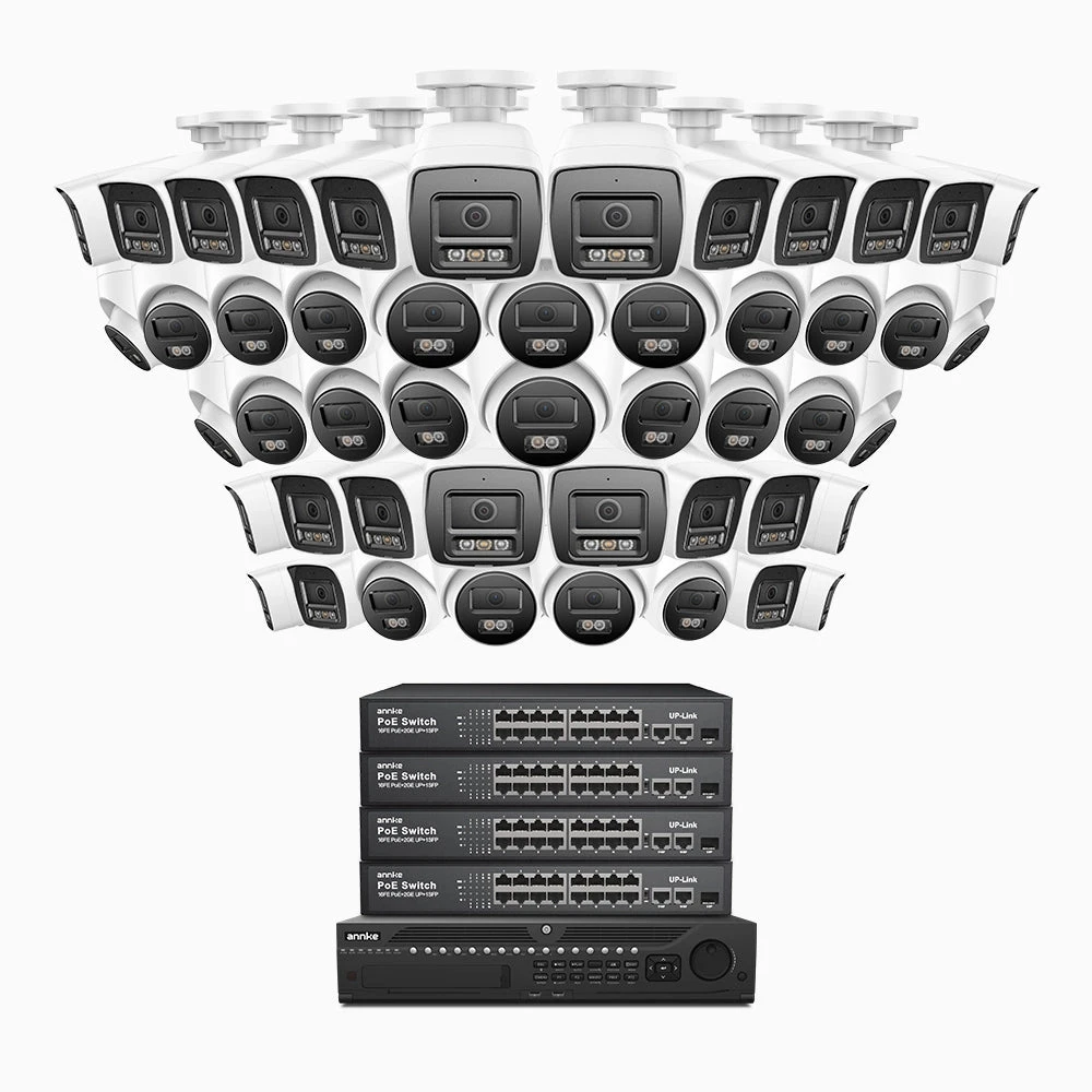 H800 - 4K 64 Channel PoE Security System with 24 Bullet & 24 Turret Cameras, Human & Vehicle Detection, Color & IR Night Vision, Built-in Mic, RTSP Supported, 16-Port PoE Switch Included