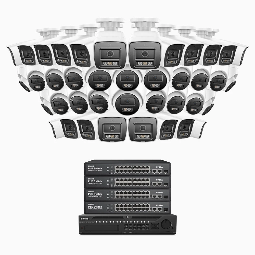 H800 - 4K 64 Channel PoE Security System with 20 Bullet & 20 Turret Cameras, Human & Vehicle Detection, Color & IR Night Vision, Built-in Mic, RTSP Supported, 16-Port PoE Switch Included